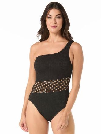 Carmen Marc Valvo Crochet One Shoulder One-Piece Swimsuit in Black at Nordstrom, Size 16