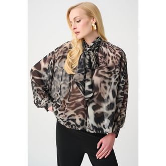 Joseph Ribkoff Chiffon Animal Print Boxy Top With Bow Tie in Grey/multi at Nordstrom, Size 12