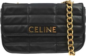 Celine Logo Chain Flap Quilted Goatskin Black Leather Handbag (Pre-Owned)