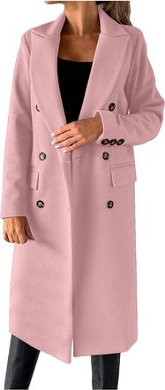 Generic Womens Coats Winter Double Breasted Wool Blend Jacket Causal Lapel Collar Button Jacket Ladies Long Sleeve Tops Length Overcoat Warm Outerwear Coat Th