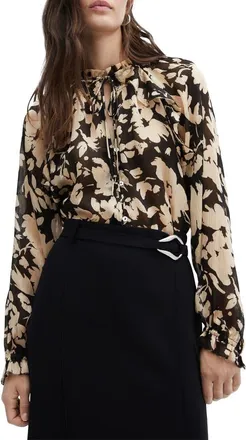 Mango Flowy Floral Tie Neck Top in Light Beige at Nordstrom, Size 10