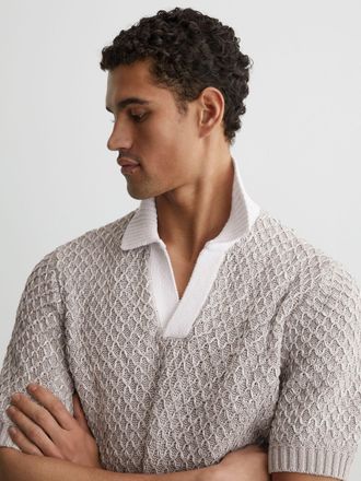 Reiss Soft Grey Stitch-detail Open-collar Knit Polo Shirt, Xxl