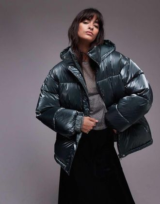 Topshop puffer jacket in high shine green