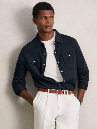 Reiss Navy Cotton-cashmere Western Knitted Shirt, L