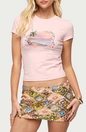 Edikted Beach Babe Sequin T-Shirt in Pink at Nordstrom, Size X-Small