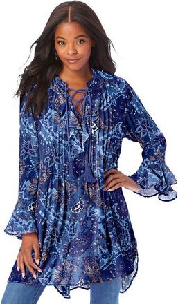 Roaman's Hand Crinkled Ruffle Pintuck Tunic in Navy Ornate Paisley at Nordstrom, Size 16