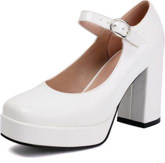 Generic Womens Square-Toe Mary Jane Shoes Ankle Strap Pumps Block Heel Wedding Party Heels,White,7.5 UK