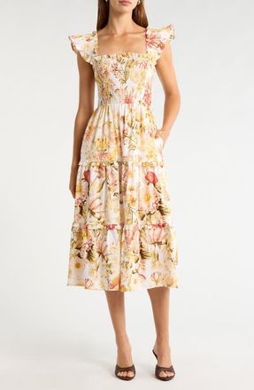 Sugarlips Emy Floral Zury Smocked Midi Dress in Ivory/Coral Multi at Nordstrom, Size X-Small