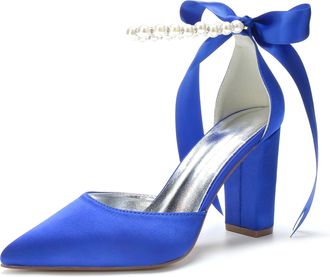 Generic Wedding Bridal Shoes Womens Satin Pointed Toe Heel 9Cm Block Heel Bridal Party Wedding Evening Pumps,Blue,10 UK