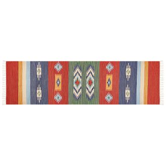 Beliani Alfombra Kilim De Algod&oacute;n Rojo Azul Verde Amarillo 80 X 300 Cm A Mano Geom&eacute;trico Borlas Kamaris