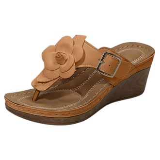 Generic Womens Summer Wedge Sandals With Floral Embellishments Solid Color Retro Flip Flops Fashionable Lightweight And Comfortable Summer Shoes Beach Walking