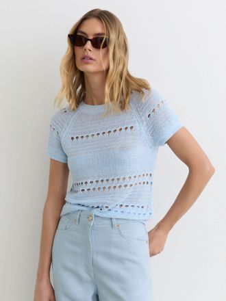 Reiss Light Blue Linen Textured-knit Top, XS