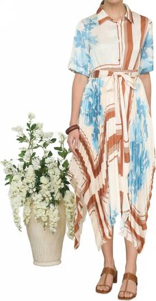 ZOE AND CLAIRE Satin Printed Handkerchief Midi Dress In Ivory Multi