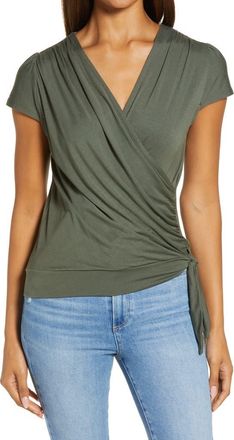 Loveappella Faux Wrap Top in Olive at Nordstrom, Size Small