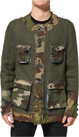 Dolce & Gabbana Jassen, Heren, Bruin, S, Linnen, Camouflage Linnen Button Down Jas