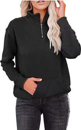 Generic Womens Warm Cozy High Neck Long Sleeve Solid 1/4 Zip Pullover Sweatshirts with Pockets Jumpers for Women UK