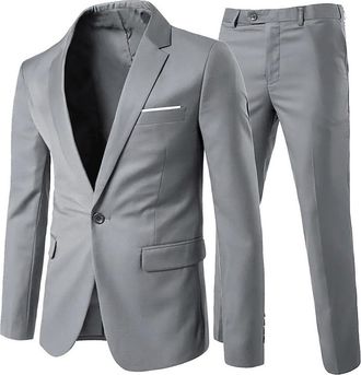 AlltheMen Mens Suits 2 Piece One Button Business Suit Slim Fit Wedding Dress Suit Blazer Jackets Trousers Light Grey 3XL