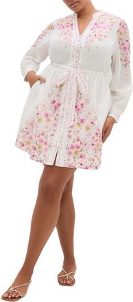 City Chic Elia Placed Floral Long Sleeve Cotton Dress in Ivory Patrice at Nordstrom, Size Xxxs