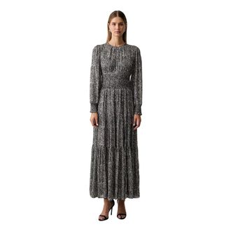 Michael Kors Kleedjes, Dames, Zwart, XS, Leer, Gekleurde Gesmokte Georgette Maxijurk