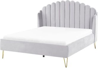 Beliani Cama Con Somier De Terciopelo Gris Claro Dorado 140 X 200 Cm Cabecero Ambillou