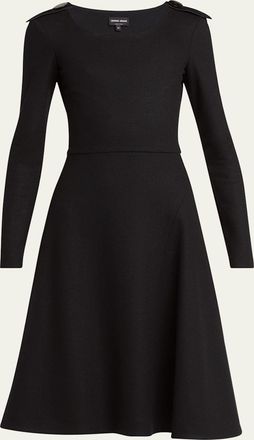 Giorgio Armani Shoulder-Epaulet Long-Sleeve Jersey Wool Midi Dress