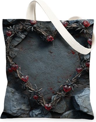 Generic Gothic Heart Canvas Tote Bags, Vintage Floral Design Reusable Grocery Bags, Dark Romantic Lightweight Washable Shoulder Str, Black, 13x15 Inch