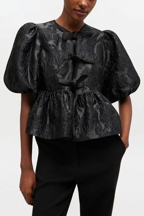 Ganni Satin Peplum Tie Blouse - Size 38 Black