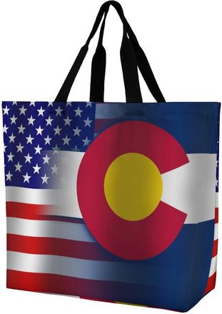 Generic U.S.A And Colorado State Flag Tote Bag Reusable Grocery Shopping Bags Large Travel One Shoulder Handbag for Picnic Work