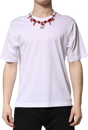 Dolce & Gabbana Mens White Embellished Cotton Crew Neck T-Shirt