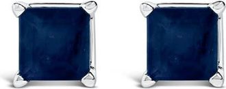 House of Brilliance 14K Gold 5x5MM Princess Cut Gemstone Solitaire Stud Earrings in Blue Sapphire | White at Nordstrom