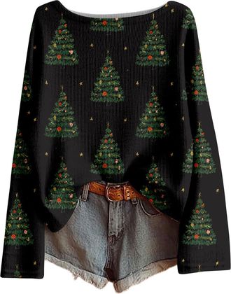 Generic Christmas Jumpers for Women Xmas Tree Print Ladies Xmas Tops Funny Christmas Sweater Boho Sweatshirt Pullover