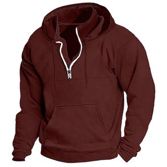 Generic Warm Pullover Mens Winter Quarter Zip Hoodie Black Wine Navy Dark Green Hooded Solid Color Sports Outdoor Daily Holiday Knitted Leggings, red, L
