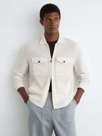 Reiss White Wool Knitted Zip-through Overshirt, 2XL