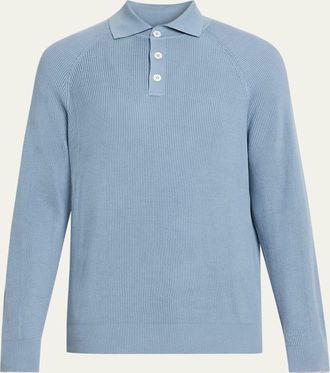 Brunello Cucinelli Mens Cotton English Rib Knit Polo Sweater