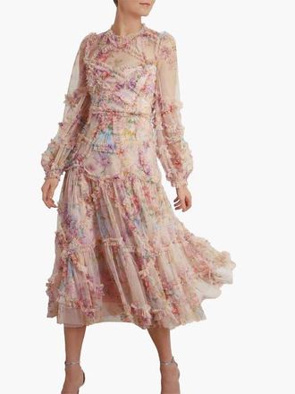 Needle & Thread Floral Diamond Ruffle Ballerina Dress in Topaz Pink at Nordstrom, Size 2