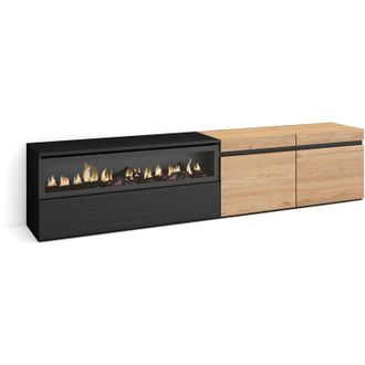 Skraut Home Skraut Home - Mueble Tv, Televisi&oacute;n, Muebles De Sal&oacute;n, Almacenaje, 200x45x35cm, Para Tv Hasta 80, Chimenea El&eacute;ctrica, Estilo Moderno, Roble Y Negro