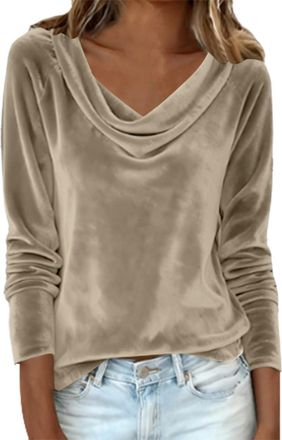 Generic Velvet Tops for Women Elegant Cowl Neck Pleated Blouse Dressy Casual Going Out Puff Long Sleeve Tops Autumn Clothes (Z02-Beige, M)