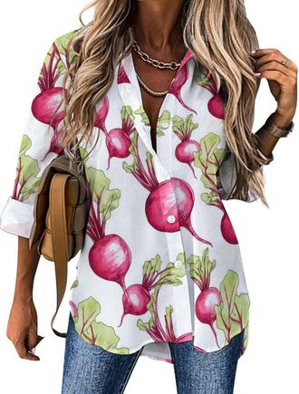 Generic Fresh Beetroot Beets Womens Blouses Shirts V Neck Long Sleeve Hawaiian Shirt Irregular Hem Loose Top XL