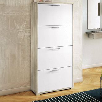 Dmora Zapatero Dmarcat, Mueble De Entrada Polivalente Con 4 Puertas Abatibles, Zapatero De Doble Profundidad, 100% Made In Italy, 67x28h147 Cm, Blanco Y Olm