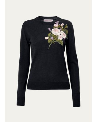 Carolina Herrera Floral Embroidered Crewneck Wool Sweater
