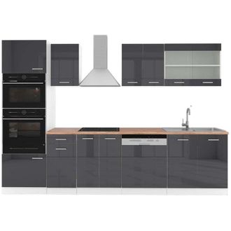 Vicco Cucina componibile R-Line, Antracite lucido/bianco, 300 cm con armadio alto, pl Rovere