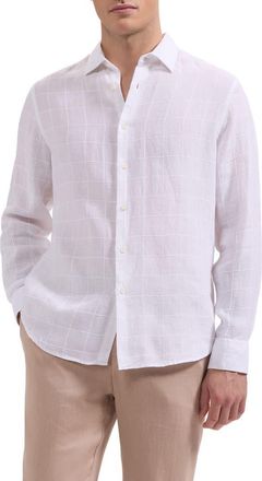 Bugatchi Julian Windowpane Linen Blend Button-Up Shirt in White at Nordstrom, Size Xxx-Large