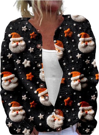 Generic Christmas Cozy Cardigans for Women UK Xmas Print Long Sleeve V-Neck Sweaters Chunky Button Down Cable Knit Cardigan Loose Funny Graphic Sweater Fashio