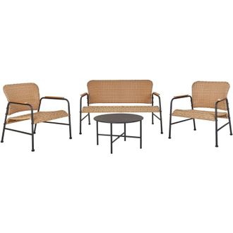 Beliani Set di divani da giardino a 4 posti in rattan pe 2 posti a sedere 2 poltrone Tavolino da caff&egrave; Telaio in acciaio Gambe nere Naturale Ofanto