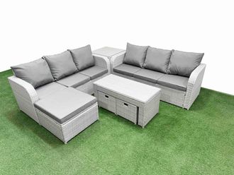 Fimous Outdoor Garden Furniture Sets 9 Seater Wicker Rattan Furniture Sofa Sets w/ Oblong Coffee Table high Back Lounge Sofa 3 Stools Side Table