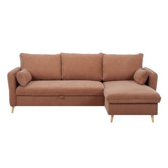 Miliboo Sof&aacute; Cama Con Chaise Longue 3-4 Plazas Con Canap&eacute; De Tela Color Terracota Y Madera Clara Driss