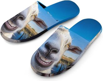 Generic A Goat Smiles at The Camera Warm Mens Slippers Slip On Soft Fleece House Shoes Winter Indoor Outdoor