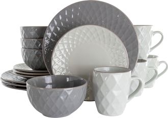 Elama Tahitian Diamond 16 Piece Stoneware Dinnerware Set in Slate and Pearl