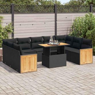 vidaXL Set Sof&aacute;s Jard&iacute;n Y Cojines 10 Pzas Rat&aacute;n Sint&eacute;tico Acacia Negro Vidaxl
