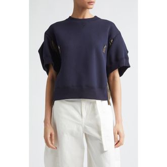 sacai Sponge Short Sleeve Pullover Sweatshirt in Navy/Dark Khaki at Nordstrom, Size 3